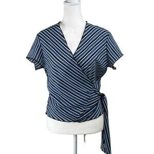 New York & Company Blue Striped Wrap Front Short Sleeve Blouse Top Medium